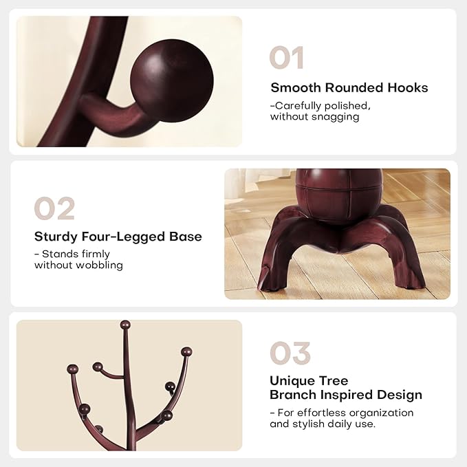 Wooden Coat Rack Freestanding with 8 Hooks, Heavy Duty Coat Hanger Stand with Stable Base, Vintage Coat Tree Standing Coat Racks for Entryway, Hallway, Bedroom (Wine Red)
