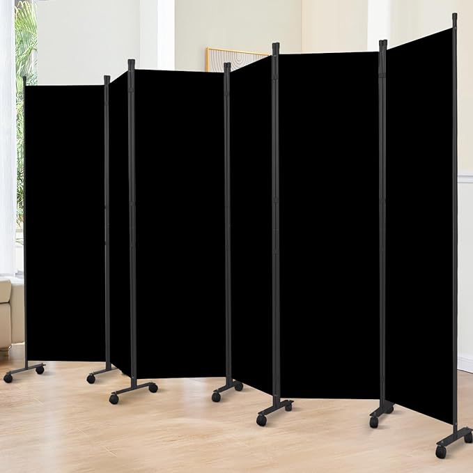 Room Divider 6FT Room Partition with Lockable Wheels Room Dividers, Freestanding Indoor Folding Privacy Screens, Portable Fabric Wall Divider (Deep Black, 132"- 6 Panel)