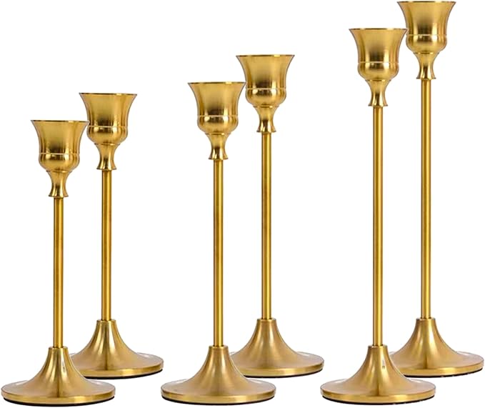 Gold Candle Holder - 6PCS Candlestick Holders Brass Candle Stick Holders, Vintage Decor of LED/Pillar Candle for Wedding Decoration Party Church Mental Dinning Anniversary New House Gift