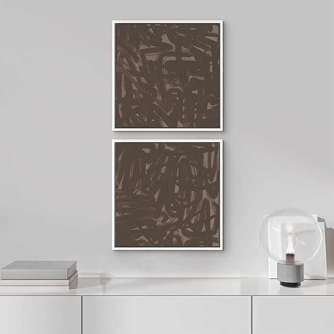 SIGNFORD Framed Canvas Print Wall Art Set Abstract Expressionist Brushstroke Bold Brown Illustrations Modern Art Minimal Relax/Calm for Living Room, Bedroom, Office - 24"x24"x2 White