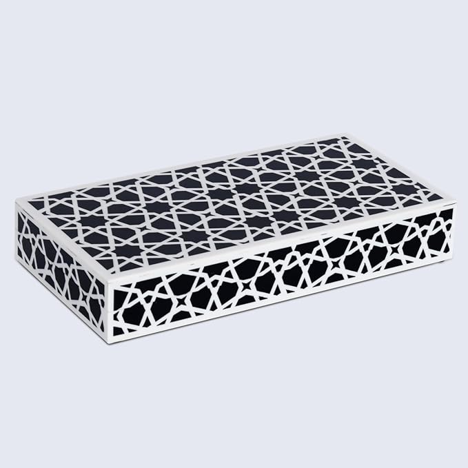 Handicrafts Home Large Decorative Storage Box with Lid, Black and White Moroccan Zellij Coffee Table Storage Box, Remote Control Holder, Keepsake Box for Living Room & Shelf Decor, Zellij 12 x 6 x 2