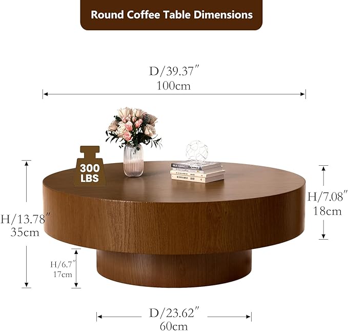 Modern Round Coffee Table with Sturdy Base, Circle Coffee Tables with Natural Wood Grain Texture Accent Tea Table Center Table for Living Room Apartment Office, Brown39.37 Dx39.37 Wx13.8 H