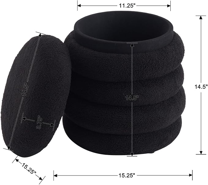 Kmax Storage Ottoman Modern Round Ottoman Upholstered Faux Fur Pouf for Living Room, Bedroom, Coffee Table, Black