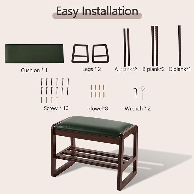 Achicsofar Small Shoe Rack Bench,2 Tier Wooden Entryway Bench with Shoe Storage, Shoe Rack with Cushion for Living Room, Hallway(Green, 21.6")