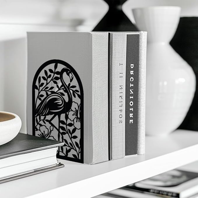 Peacoblue Metal Bookends for Shelves, Modern Decorative Heavy Duty Study Book Support Stoppers for Office, Desk, Shelf, Room 5.3"x4.3"x7.9" Cast Iron Bookends, 1 Pair (Flamingo and Tropical Plant)