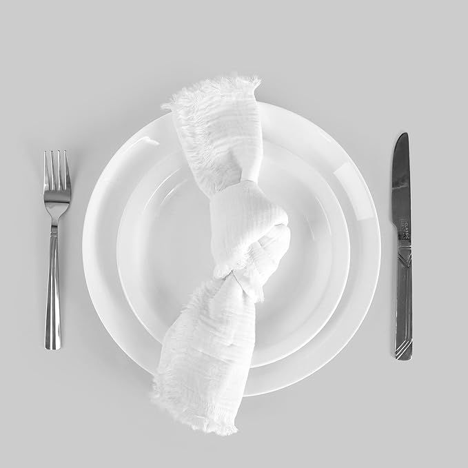 FINGERCRAFT Cloth Napkins Natural Cotton Cheesecloth Set of 12 Premium Fringe Design Dinner Napkin Soft Durable Ideal for Dining Room, Restaurant, Weddings Events Washable Good Absorbency White