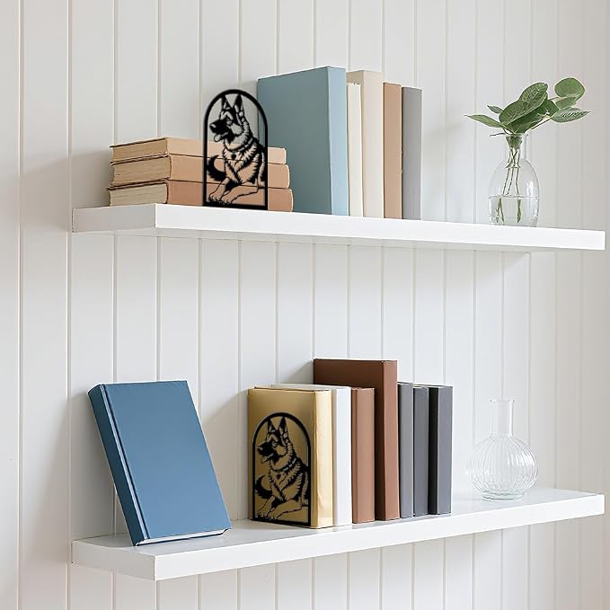 WADORN 1 Pair German Shepherd Metal Decorative Bookend for Shelves, Heavy Duty Book Ends Modern Non-Skid Books Holder Stand Black Book Support Stoppers for Desk Bookshelf Office, 5.3x4.3x7.8 Inch