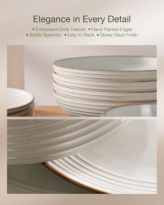 Famiware Jupiter 12-Piece Stoneware Dinnerware Set, Handcrafted Plates and Bowls with Speckles & Embossed Swirls, Chip/Scratch Resistant, Microwave/Dishwasher Safe, Modern Dishes, Service for 4, White