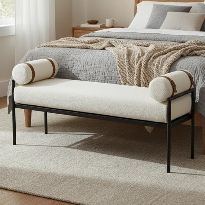 Shunzhi White Sherpa Modern End of Bed Bench Upholstered Entryway Bench with Detachable Cylindrical Pillows/Metal Legs Boucle Ottoman Bench for Living Room/Bedroom/Hallway/Corner, 55Inch