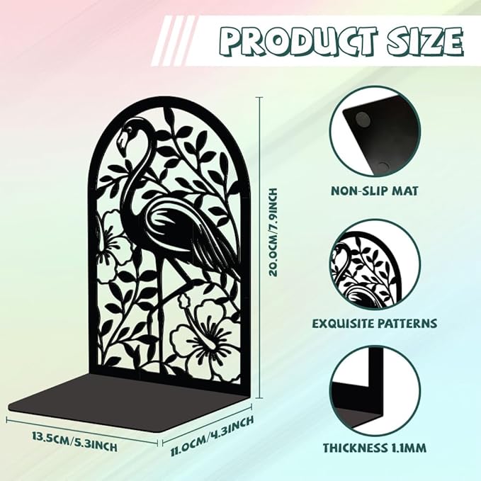 Peacoblue Metal Bookends for Shelves, Modern Decorative Heavy Duty Study Book Support Stoppers for Office, Desk, Shelf, Room 5.3"x4.3"x7.9" Cast Iron Bookends, 1 Pair (Flamingo and Tropical Plant)