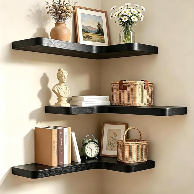 Floating Corner Shelves, Wall Shelf Set of 3, Shelves for Wall Storage, Solid Wood Shelves for Storage, Wall Mount Wooden Display Shelf for Bathroom Bedroom Kitchen Garage (Black 3 Pcs)