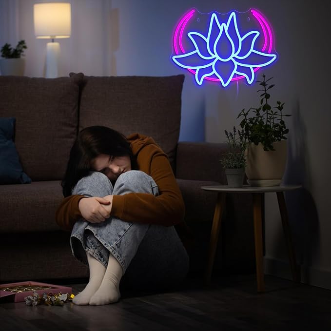 Moon Lotus Flower Neon Sign Led Blue Lotus light Up Sign for Bedroom USB Powered Moon Neon Light for Yoga Room Game Room Man Cave Wall Decor