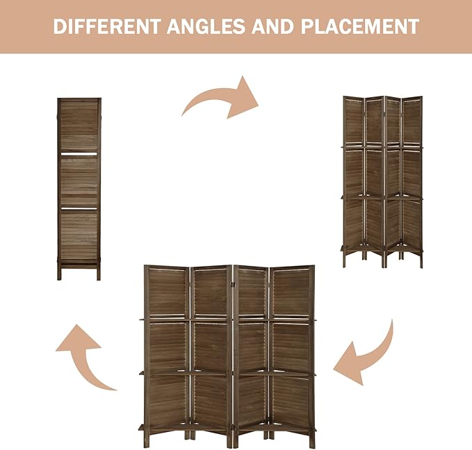 4 Panel Room Divider with Shelves, Room Dividers and Folding Privacy Screens, Wall Divider for Room Separation, Wood Room Divider, Dark Brown