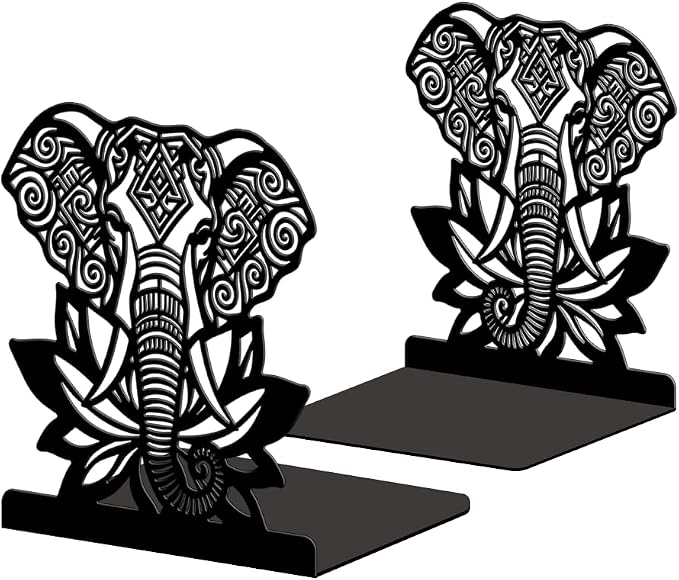 Peacoblue Metal Bookends for Shelves, Modern Decorative Heavy Duty Study Book Ends Stoppers for Office Desk Shelf, Room 5.3"x4.3"x5.9" Cast Iron Tall Bookends 1 Pair (Boho Elephant with Lotus Flower)