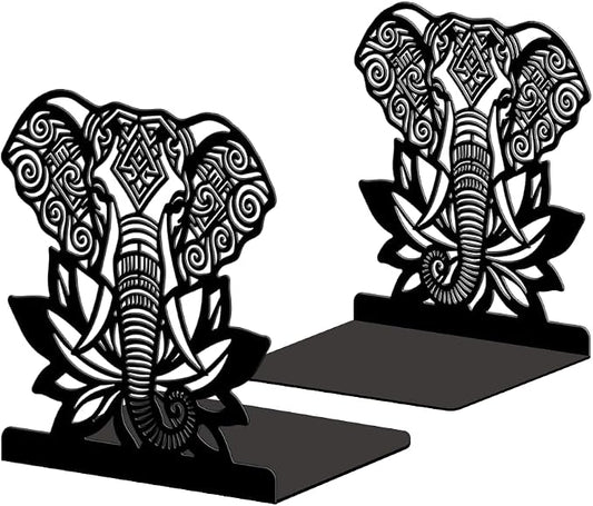 Peacoblue Metal Bookends for Shelves, Modern Decorative Heavy Duty Study Book Ends Stoppers for Office Desk Shelf, Room 5.3"x4.3"x5.9" Cast Iron Tall Bookends 1 Pair (Boho Elephant with Lotus Flower)
