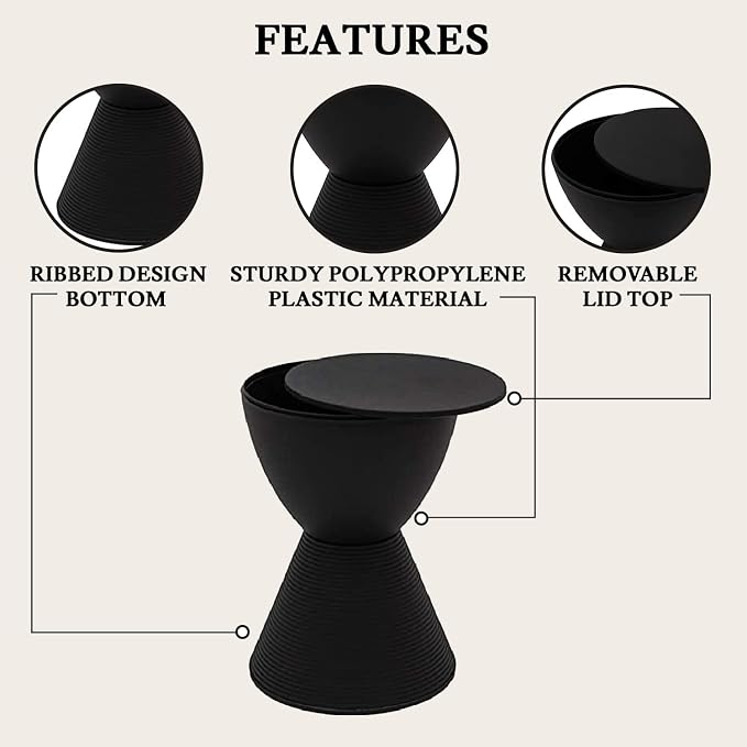LeisureMod Black Side Table – Modern Hourglass Drum End Table with Storage, Removable Lid – Compact Accent Table for Indoor & Outdoor Use