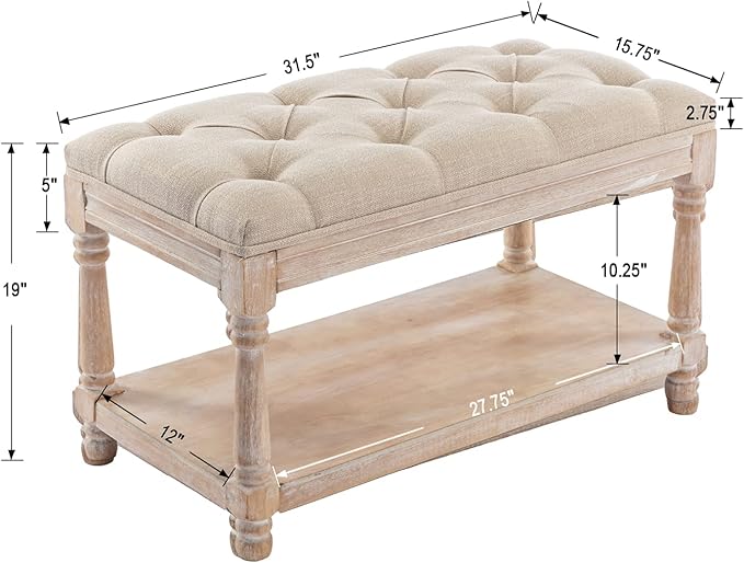 Farmhouse Storage Bench Wooden Entryway Linen Upholstered Ottoman Button Tufted Bench for Bedroom End of Bed Hallway Organizer, Beige, 32 Inch