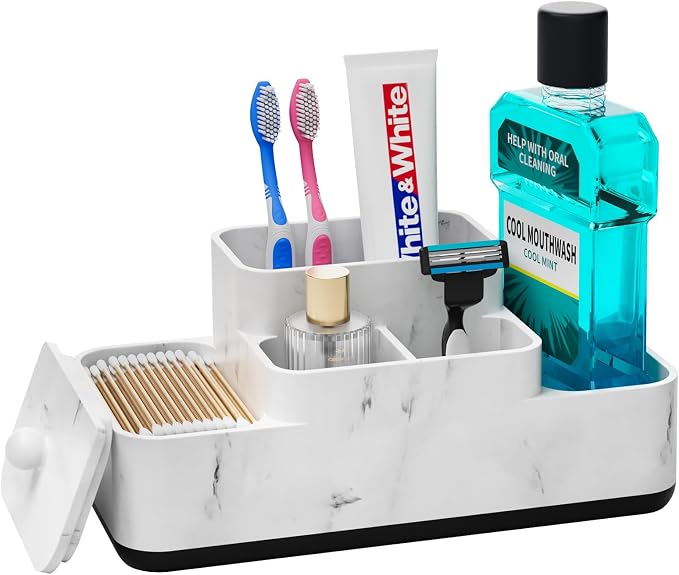 VITVITI Bathroom Counter Organizer, Toothbrush Holder for Bathroom, Resin Bathroom Organizer Countertop Storage for Cotton Ball/Vanity/Toothpaste, White Marble Look