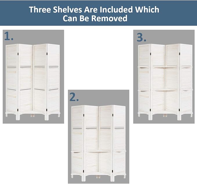 Giantex 4 Panel Room Divider with Shelve, Folding Privacy Screens, Wood Divider for Room Separation, 5.6 FT Foldable Wall Partition for Home Office Bedroom, White