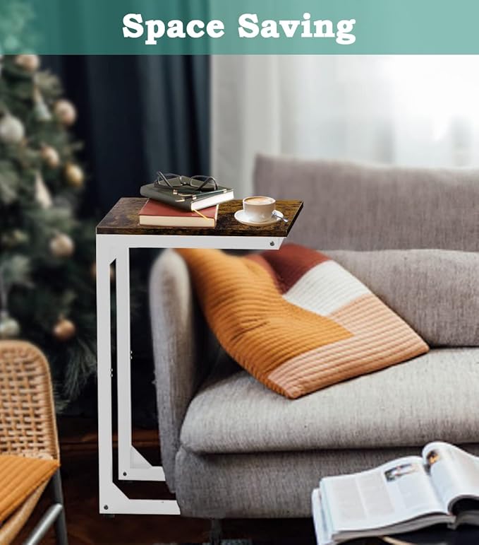 Artigarden C Shaped End Table, Side Tables Couch TV Tray Table, Small Snack Table Sofa Table with Metal Frame for Living Room, Bedroom, Bedside for Small Spaces, Rustic Brown White