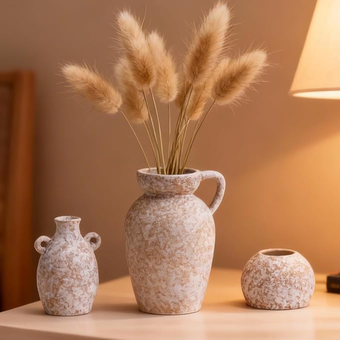 Stone Vase Home Table Decor, Beige Ceramic Stone Modern Rustic Farmhouse Vase Set of 3 Centerpiece for Shelf Bedroom Bathroom Desk