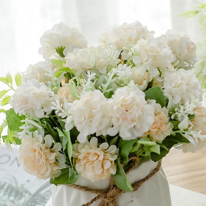 TKAS Fake Flowers Arrangement in Ceramic Vase, Artificial Faux Silk Hydrangea, Small Realistic Dried-Style Floral, Dining Table Centerpiece for Wedding Party Home Decoration (White)