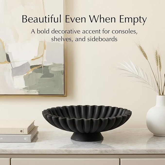 9.5" Large Decorative Bowl - Scalloped Pedestal Bowls for Home Decor, Key Bowls for Entryway Table, Decorative Fruit Bowl for Kitchen Counter, Resin Black Ruffle Coffee Table Decor