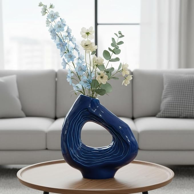 Sunddo Blue Ceramic Vase for Home Decor - 9 Inch Modern Flower Vase, Boho Donut Decorative Vase for Flowers, Living Room Bedroom, Wedding, Table Centerpiece