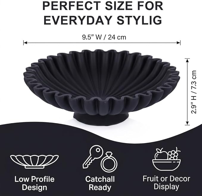 9.5" Large Decorative Bowl - Scalloped Pedestal Bowls for Home Decor, Key Bowls for Entryway Table, Decorative Fruit Bowl for Kitchen Counter, Resin Black Ruffle Coffee Table Decor