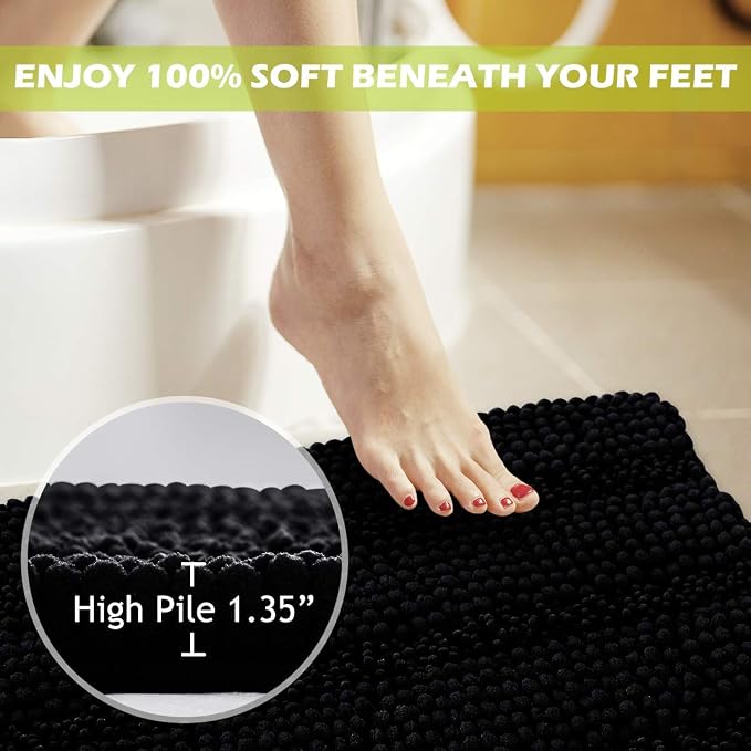 KGORGE Non Skid Bathroom Rugs - Easy Wash Absorbent Thick Shaggy Quick Dry Dirt Resistance Floor Mats for Kitchen Shower Tub Black Small Bath Mat, 20" W x 32" L, 1Pc