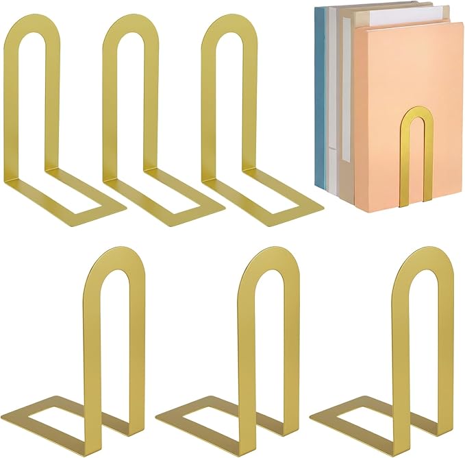 Chunful 6 Pcs Gold Book Ends for Shelves Decorative Small Modern Metal Bookends Book Shelf Organizer Minimalist Design Stopper to Hold Books for Home Office(5.5 * 3.75 * 2.25inch)