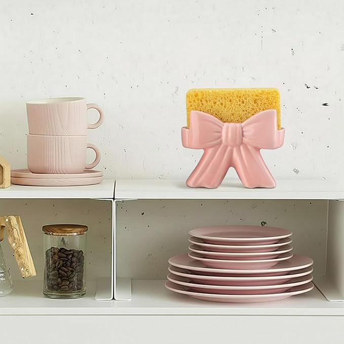 Pink Bow Kitchen Sponge Holder Ceramic Dish Sponge Holder Rack for Kitchen Sink Coquette Pastel Compact Sink Caddy Organizer Decor Cute Gadgets Pink Accessories for Scouring Pad Dish