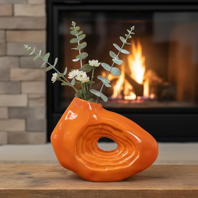 Sunddo Orange Ceramic Vase for Home Decor, 7 Inch Small Donut Flower Vases for Decor, Modern Decorative Vase, Centerpiece, Shelf, Table, Bookshelf, Entryway Decoration
