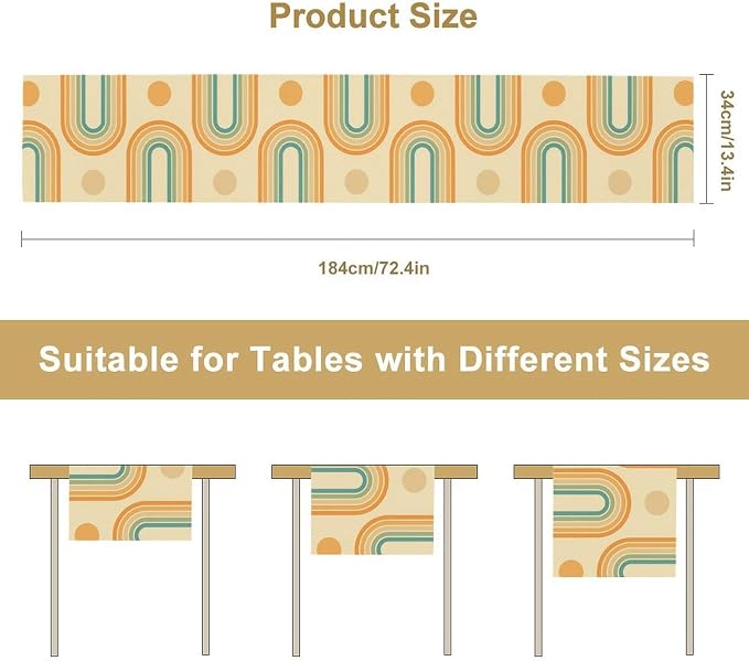 Mid Century Modern Table Runner, Colorful Rainbow Neutral Groovy Curved Sun Table Runner for Kitchen Dining Home Party Birthday Party Decor, 13x90 Inch