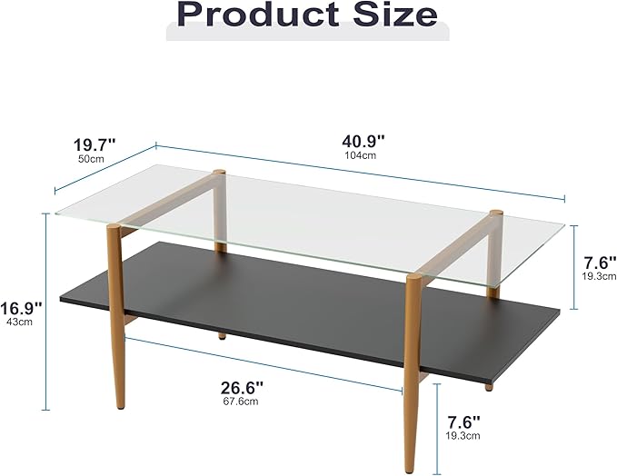 Furnify Glass Coffee Table, Rectangle Living Room Center Table with Golden Legs, Mid-Century Modern Accent Tables with Open Shelf for Living Room, Office, Black