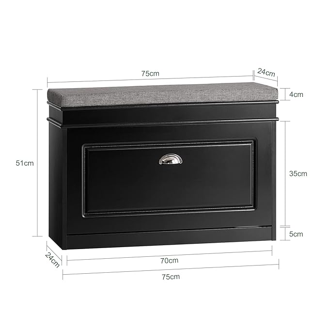SoBuy Small Shoe Storage Bench, Black Narrow Shoe Cabinet for Entryway, Shoe Rack with Cushion&2 Tiers Flip-Drawer, Closet Hallway Mudroom FSR82-L-SCH