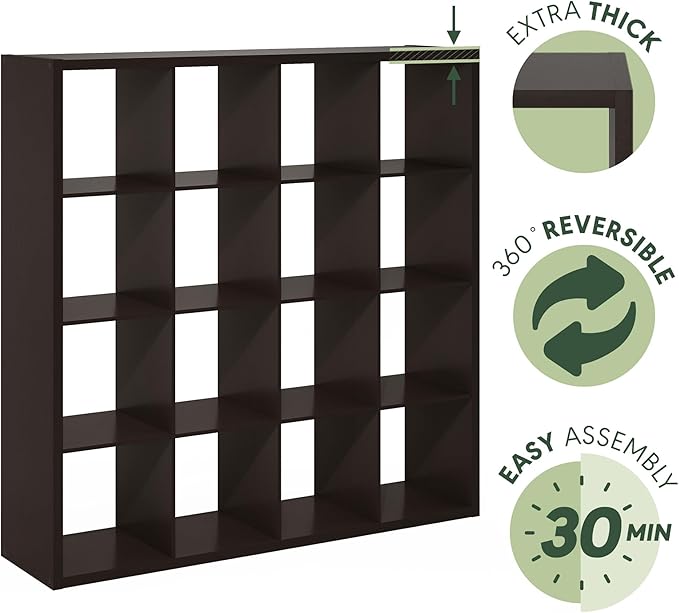 Furinno Cubicle Book Shelf, 16-Cube Bookshelf, Extra Thick Frame Reversible Bookcase with Open Back, 14.6" x 58" x 58", for Living Room, Bedroom, Home Office, Black Dark Oak