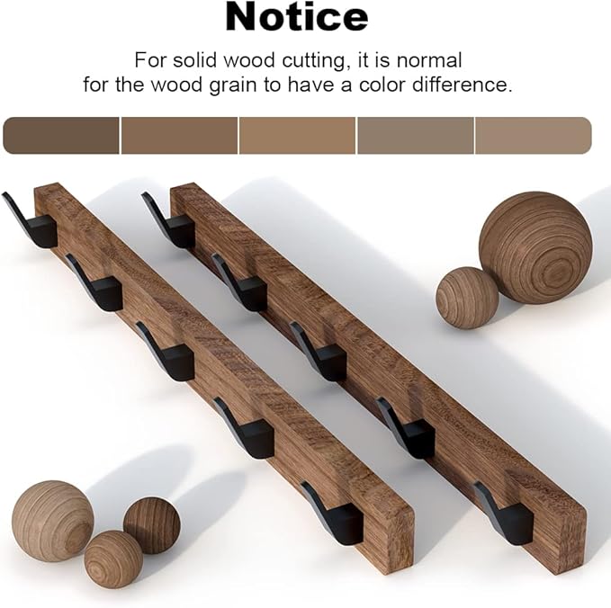 17 Inch Walnut Wood Wall Mounted Coat Rack with 5 Black Hooks, Adhesive Mounted Entryway Hooks, Modern Natural Wooden Pegs for Hanging Coat Clothes Hat Bag Purse Key and Towel