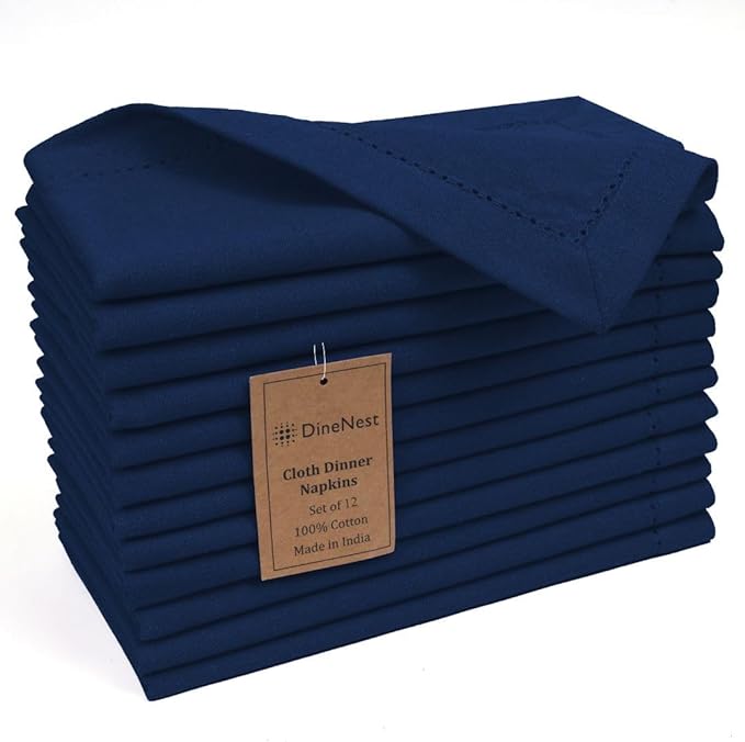 Hemstitch Cloth Dinner Napkins 100% Cotton Set of 12 - for Dining Special Occasions Weddings Parties Holidays Easter - Soft Durable Reusable - 18x18 Inch Table Cloth Napkins Navy Blue