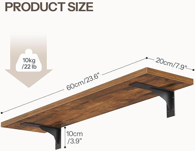HOOBRO Floating Shelves for Wall, 23.6" Wall Mounted Shelves Set of 2, Hanging Storage Shelf with Metal Brackets, Wooden Shelf for Living Room, Bedroom, Bathroom, Rustic Brown and Black BF62BJP201G1
