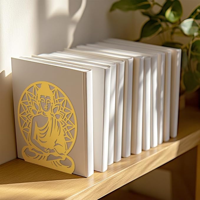 Peacoblue Metal Bookends for Shelves, Modern Decorative Heavy Duty Study Book Support Stoppers for Office, Desk, Shelf, Room 5.3"x4.3"x6.1" Cast Iron Simple Gold Book Ends, 1 Pair (Golden Buddha)