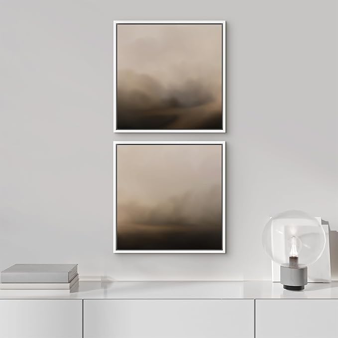SIGNFORD Framed Canvas Print Wall Art Set Neutral Foggy Landscape Soft Beige and Brown Abstract Illustrations Modern Art Minimal Relax/Calm for Living Room, Bedroom, Office - 16"x16"x2 White