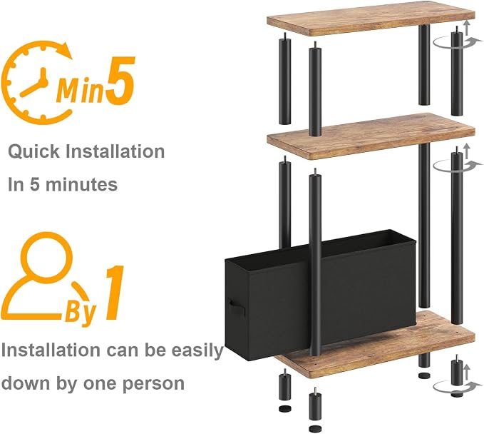 Apicizon Small Narrow Side Table, 3-Tier Skinny End Table for Small Spaces, Slim Nightstand with Fabric Basket, Bedside Table for Living Room, Bedroom, Rustic Brown and Black