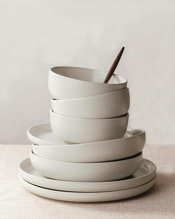 Famiware Milkyway Stoneware Dinnerware Sets with Pasta Bowls, Service for 4 (16 Pieces), Reactive Glaze Plates and Bowls Sets, Microwave and Dishwasher Safe Dishes Set, Matte Beige White