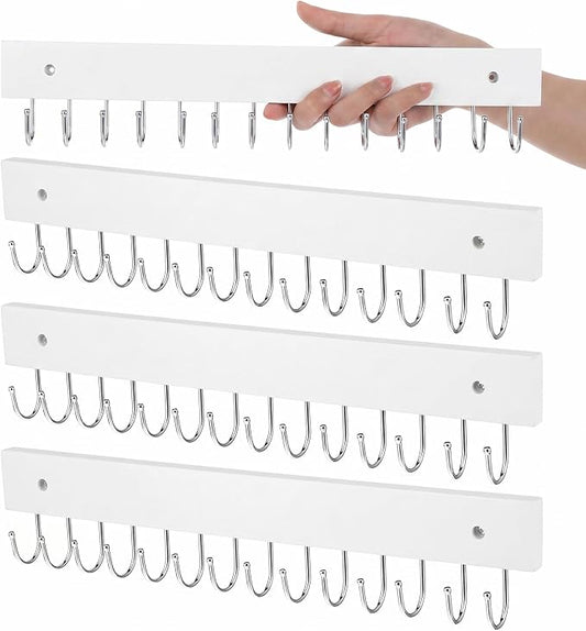 4 Pack Necklace Holder Wall Mount, Tangle-Free Wall Necklace Organizer with 14 Hooks, Wooden Jewelry Hanger, for Chains, Bracelets, Earrings, White