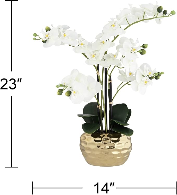 Dahlia Studios Potted Faux Artificial Flowers Realistic White Phalaenopsis Orchid in Silver Gold Ceramic Pot Home Decoration Living Room Office Bedroom Bathroom Kitchen Dining Room 23" High