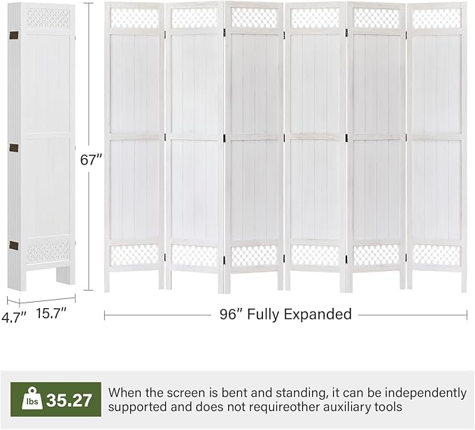Privacy Screen Room Divider Panel - 67 Inch Tall Natural Wood Folding Partition Room Dividers, No-Assembly Required, Enhance Privacy and Aesthetic Appeal, Ideal for Home or Office White 6 Panel