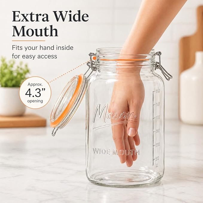 1 Gallon Glass Jars with Swing Top Lids - Extra Large Mason Jars Wide Mouth with Airtight Glass Clamp Lids - Square Glass Storage Containers with Measurements for Flour, Sugar & Pickling, 2 Pack