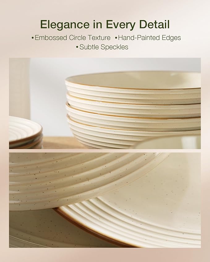 Famiware Jupiter 24-Piece Stoneware Dinnerware Set for 8, Handcrafted Plates and Bowls with Speckles & Embossed Swirls, Chip/Scratch Resistant, Microwave/Dishwasher Safe, Rustic Dishes, Vanilla White
