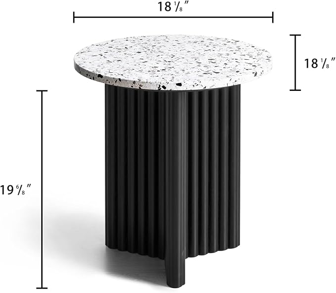 Modern Fluted Side Table, Stone End Table with Terrazzo Top & Black Fluted Ash Wood Base, 18.1" Accent Table for Living Room, Bedroom or Couch Side